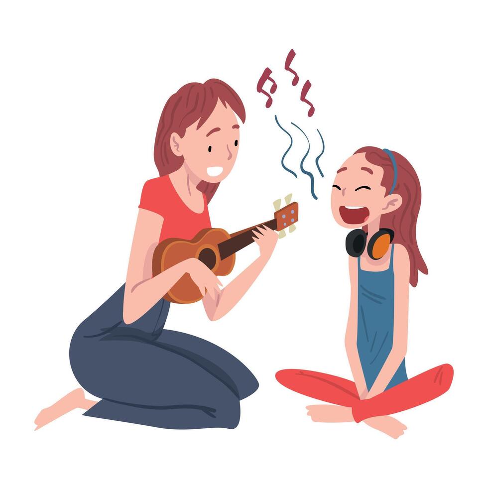 Mom Playing Ukulele and Sing with her Daughter, Family Members Spending Good Time Together Cartoon Style Illustration vector
