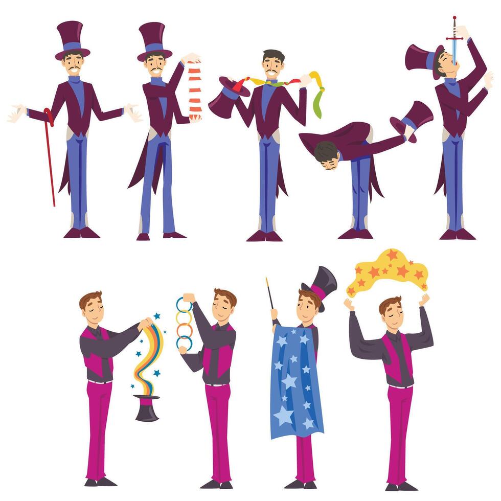 Magicians Doing Tricks Set, Male Illusionist Characters Performing at Magic Show Cartoon Style Illustration on White Background vector