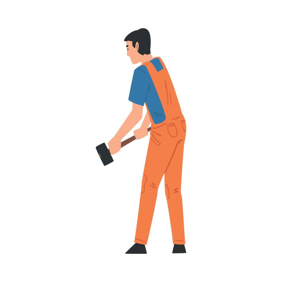Man Working with Sledgehammer, Home Renovation, Male Construction Worker Character with Professional Equipment Illustration on White Background vector