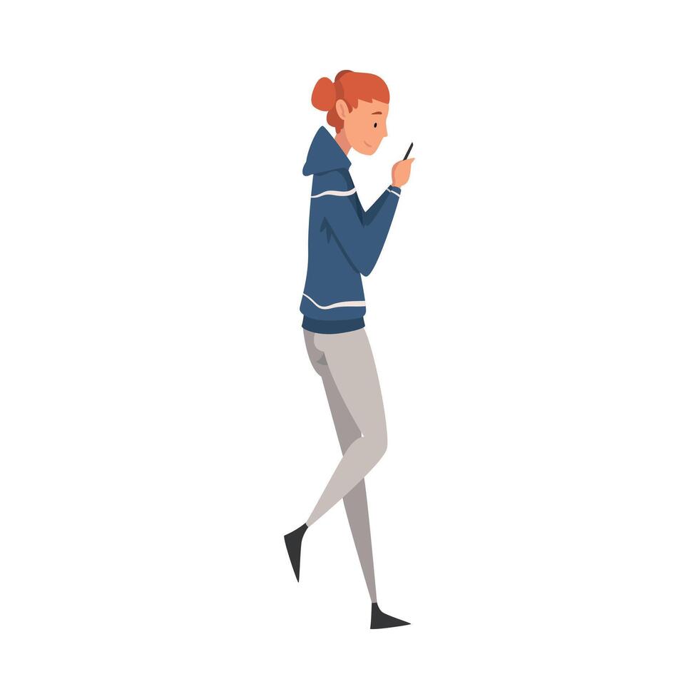 Girl Walking Outside, Student Looking at Her Smartphone, Person Using Digital Gadget for Online Communication Illustration vector
