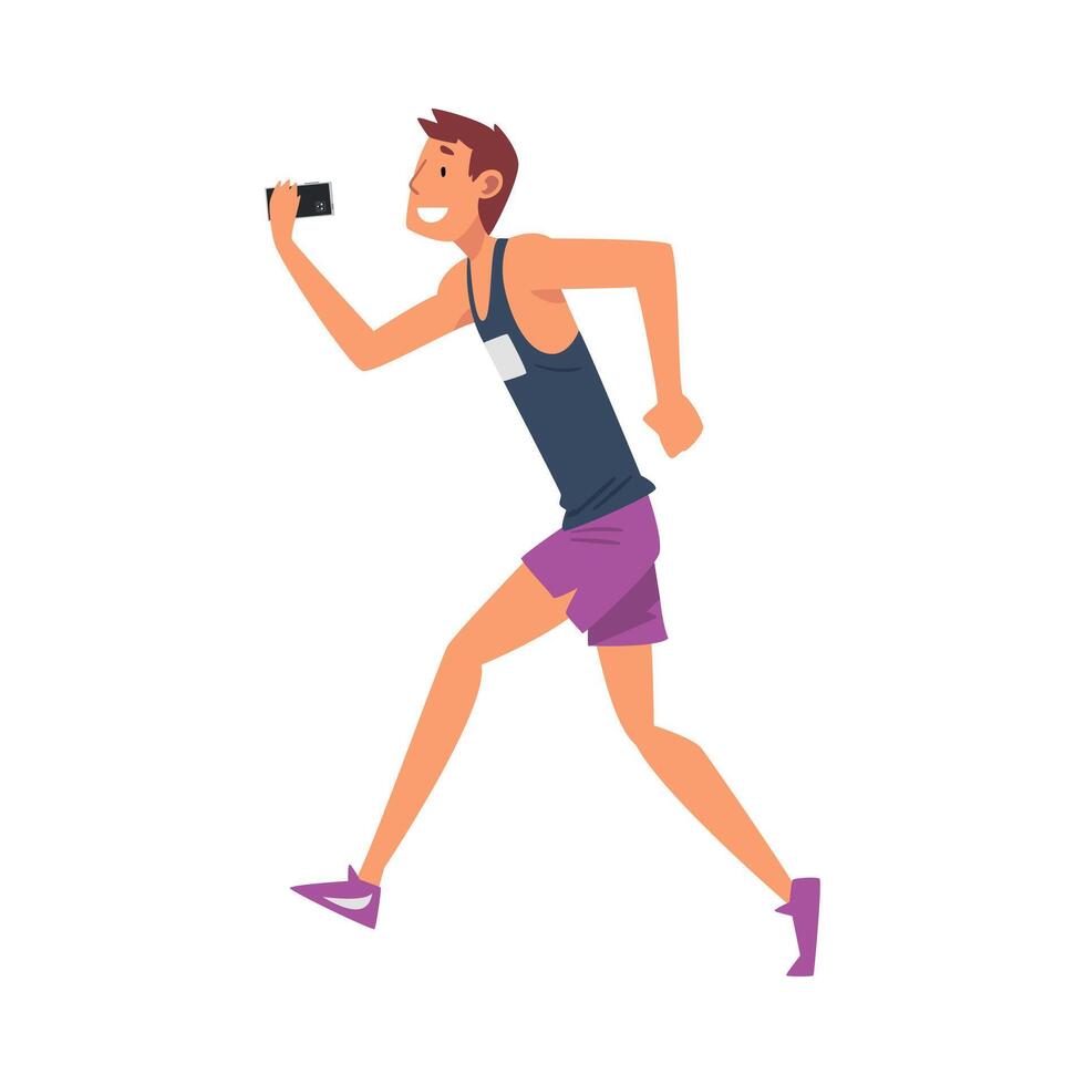 Athlete Man Taking Selfie Photo while Running, Sportive Male Character Photographing Himself with Smartphone Cartoon Illustration vector