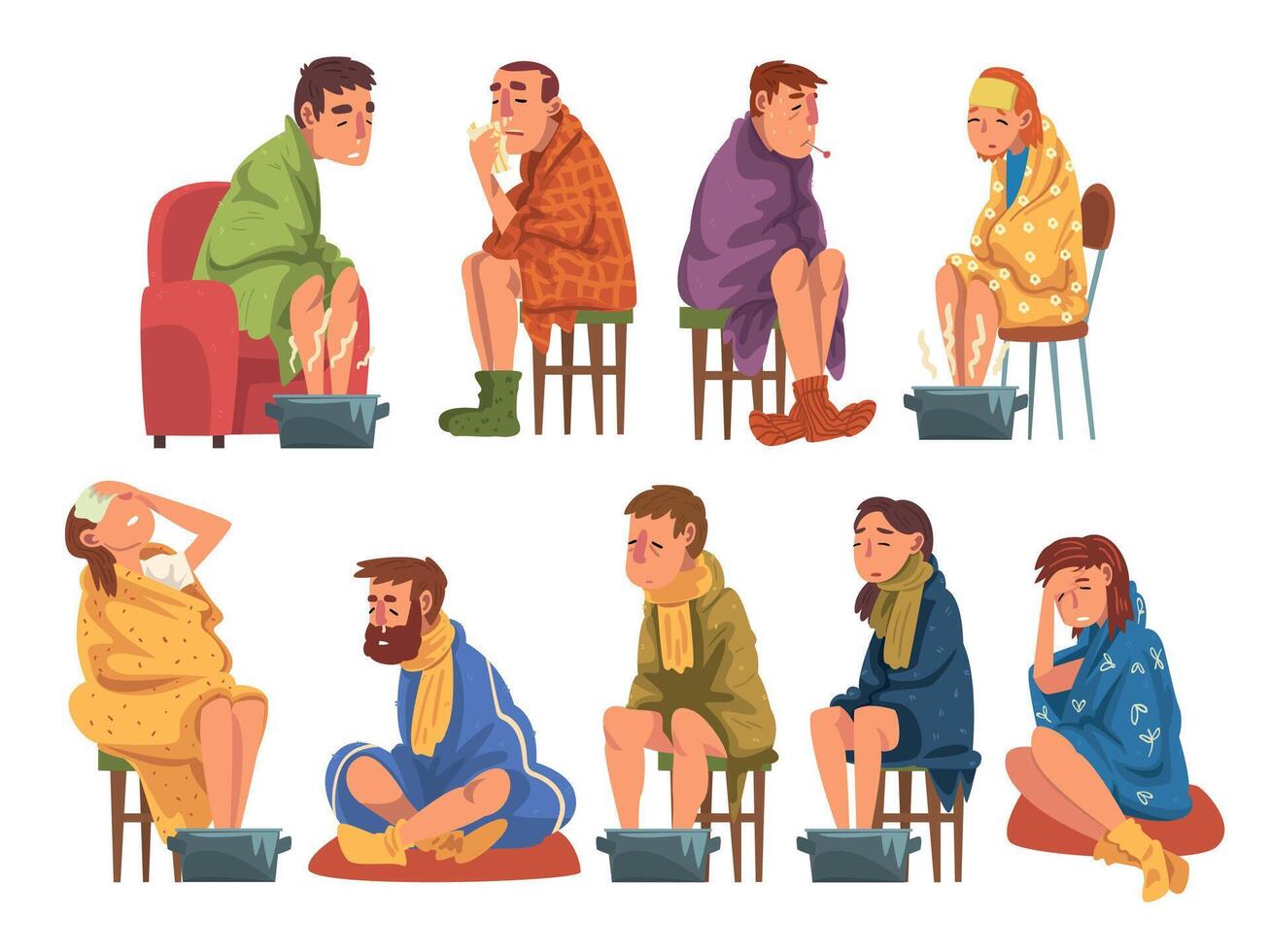 Sick People Wrapped Plaids Collection, Men and Women with Flu Heating their Feet in Basin with Hot Water, Measuring Temperature with Thermometer, Suffering from Headache Cartoon Illustration vector