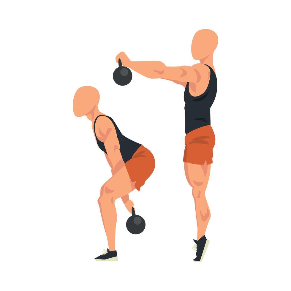 Man Doing Squats with Kettlebell in Two Steps, Side View of Male Athlete Doing Sports for Fit Body, Buttock Workout Illustration on White Background vector