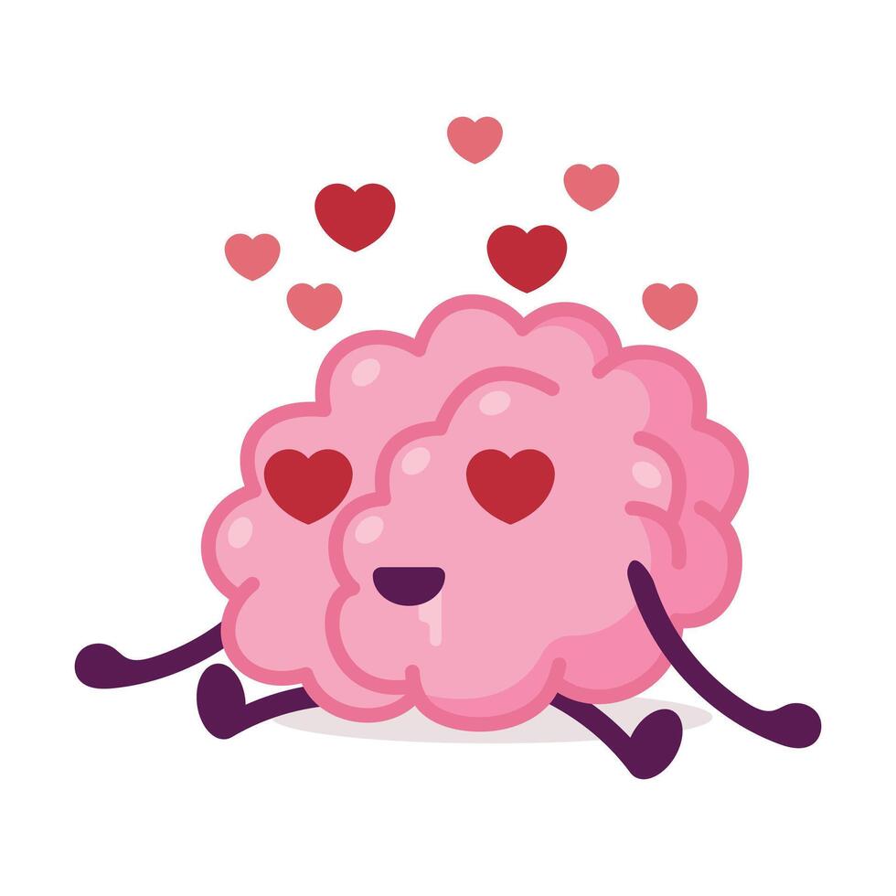Romantic Pink Brain with Heart Shaped Eyes, Funny Human Nervous System Organ Cartoon Character Illustration on White Background vector