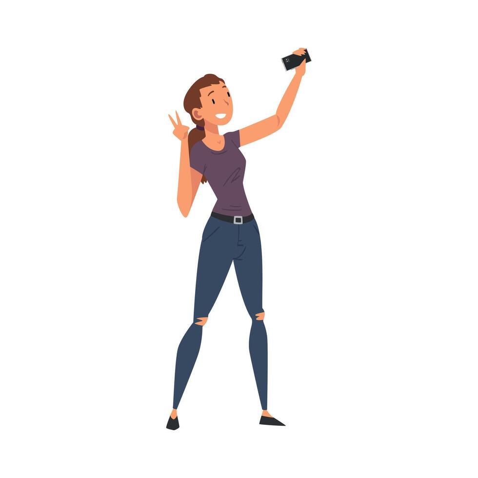 Beautiful Smiling Girl Taking Selfie Photo, Young Woman Character Photographing Herself with Smartphone Cartoon Illustration vector