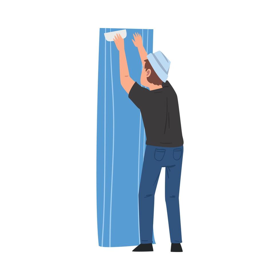 Man Gluing Wallpaper, Male Construction Worker Character in Paper Cap with Professional Equipment Illustration on White Background vector