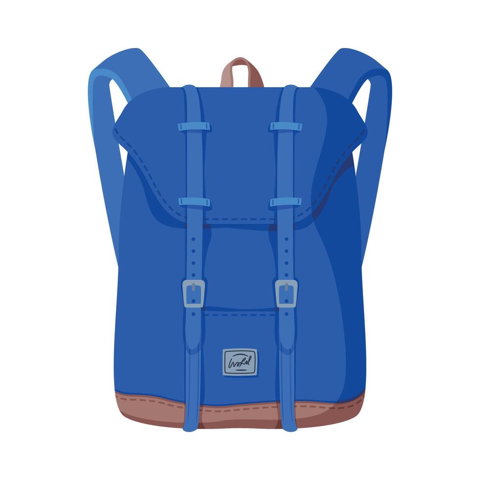 Blue Backpack, Front View of Travel Bag for Backpacking Flat Style Illustration on White Background vector