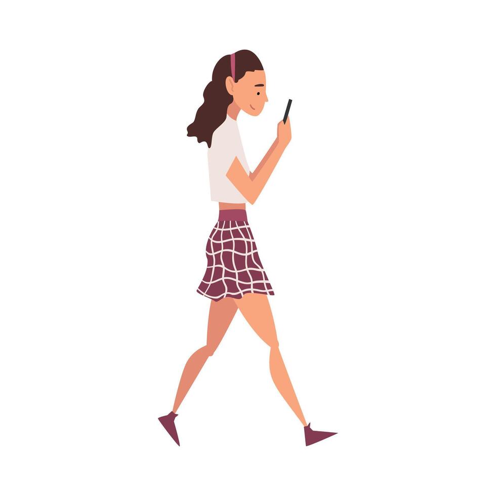 Girl Walking Outside, Female Student Looking at Her Smartphone, Person Using Digital Gadget for Online Communication Illustration vector