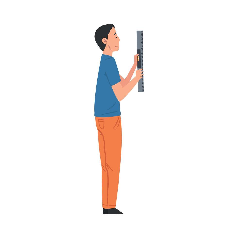 Man Using Bubble Level, Home Renovation, Male Construction Worker Character with Professional Equipment Illustration on White Background vector