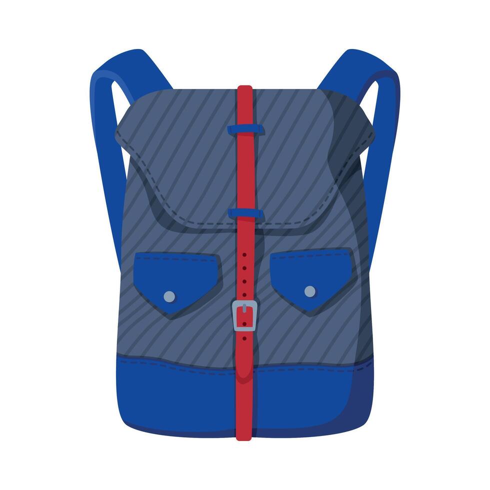 Blue Backpack for Schoolchildren or Students, Front View of Travel Bag Flat Style Illustration on White Background vector