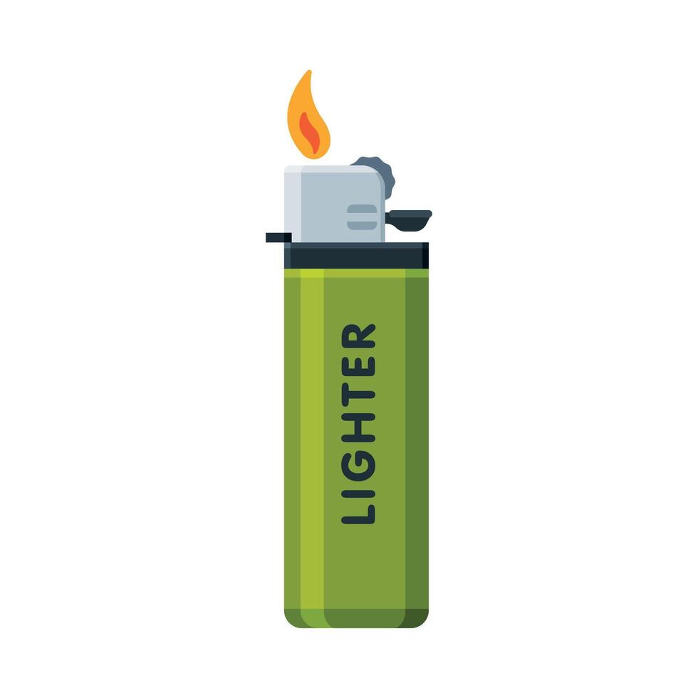 Green Plastic Cigarette Lighter with Fire, Flammable Smoking Equipment Illustration vector