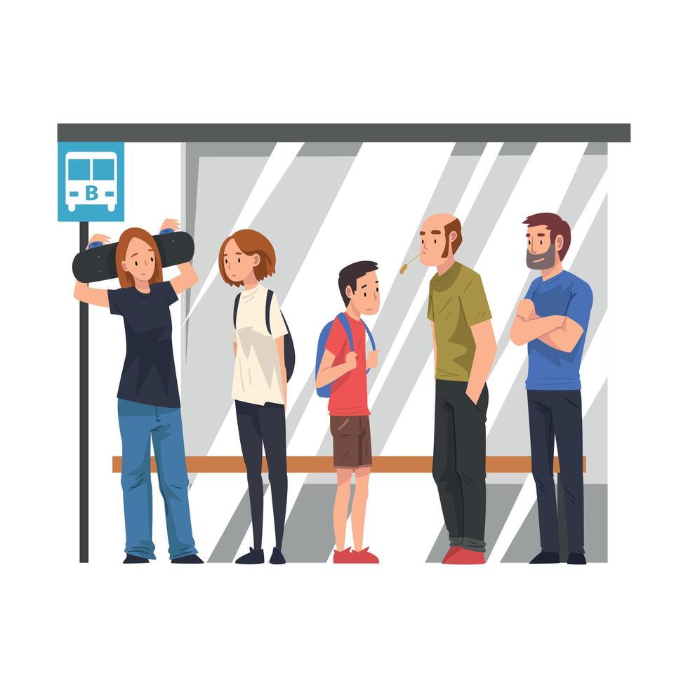 Group of Passengers Waiting for Public Transportation at Bus Stop, Various People Spending Time in Expectation Cartoon Illustration vector