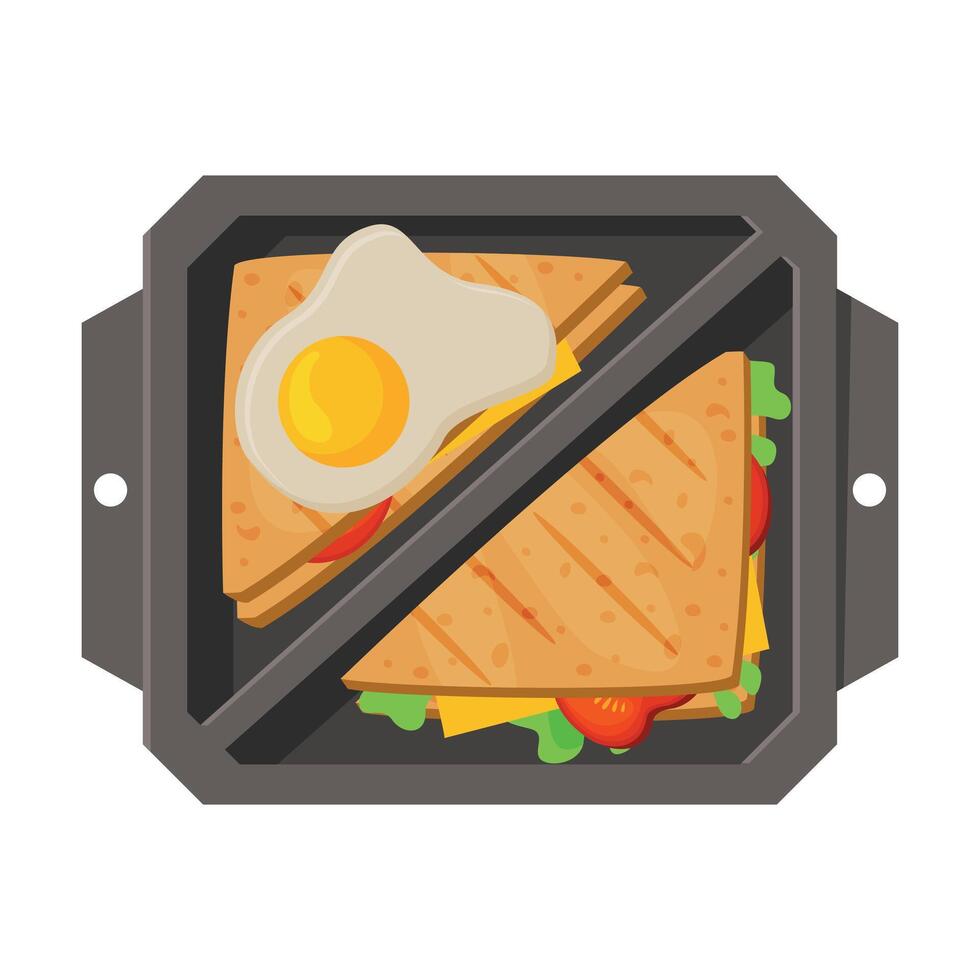 Meal Tray Filled with Sandwiches and Fried Egg, Healthy Food For Kids And Students, View from Above Flat Illustration vector