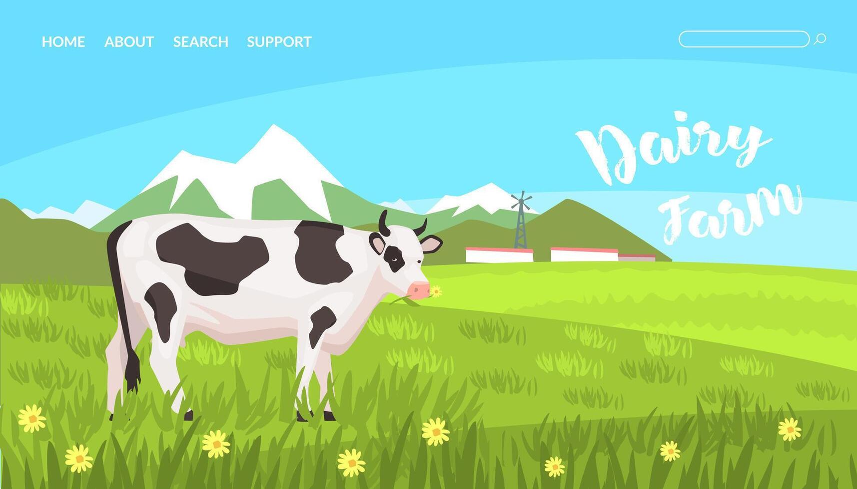 Dairy Farm Landing Page Templte with Summer Rural Landscape and Cow, Fresh Healthy Eco Agricultural Products Website, Homepage, Mobile App Illustration vector