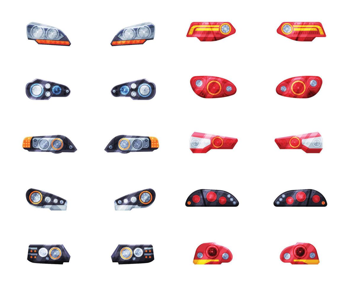 Modern Auto Headlights Set, Front and Rare Led Headlamps Flat Style Illustration on White Background vector