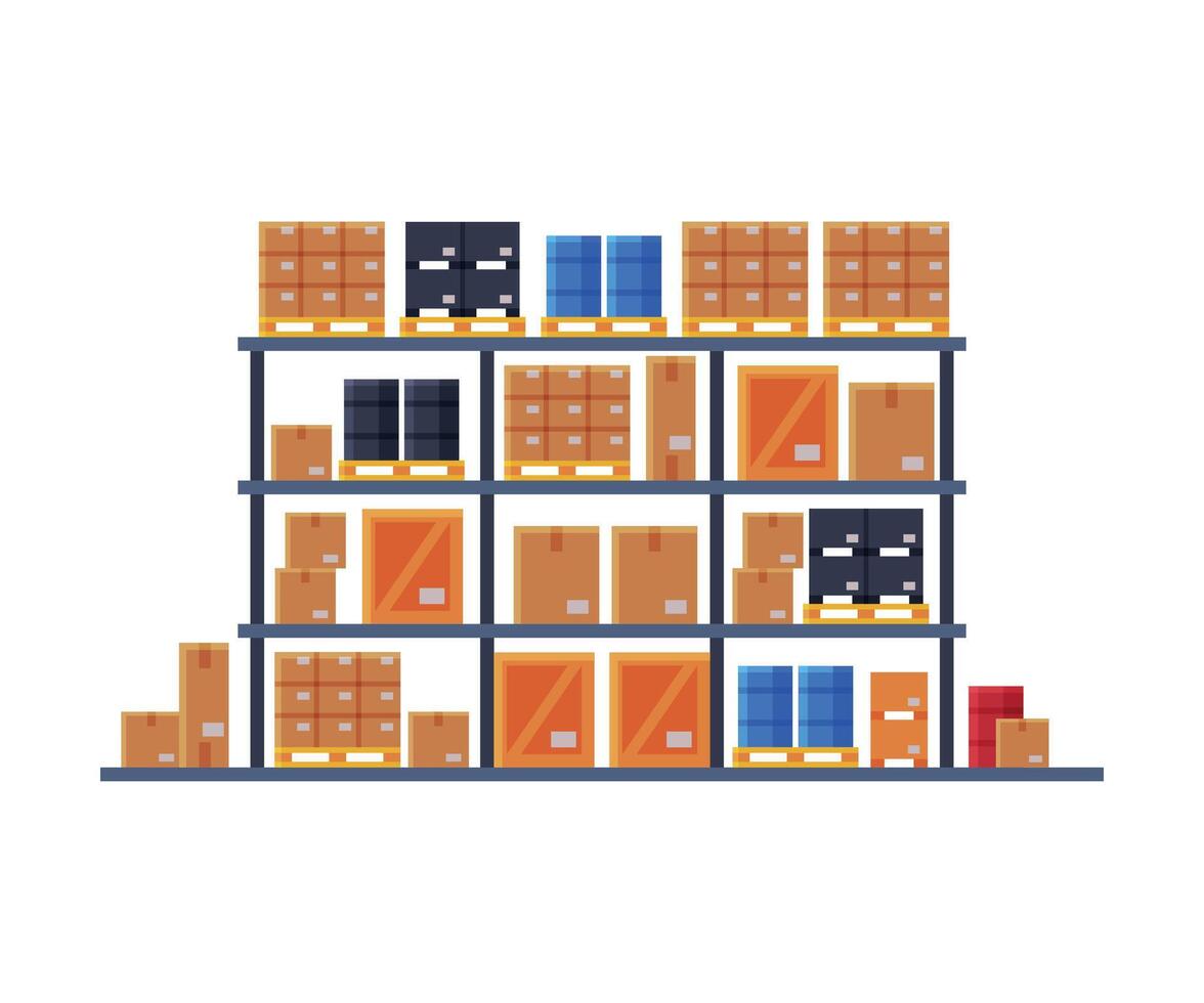 Warehouse Shelves with Cardboard Boxes Flat Style Illustration on White Background vector