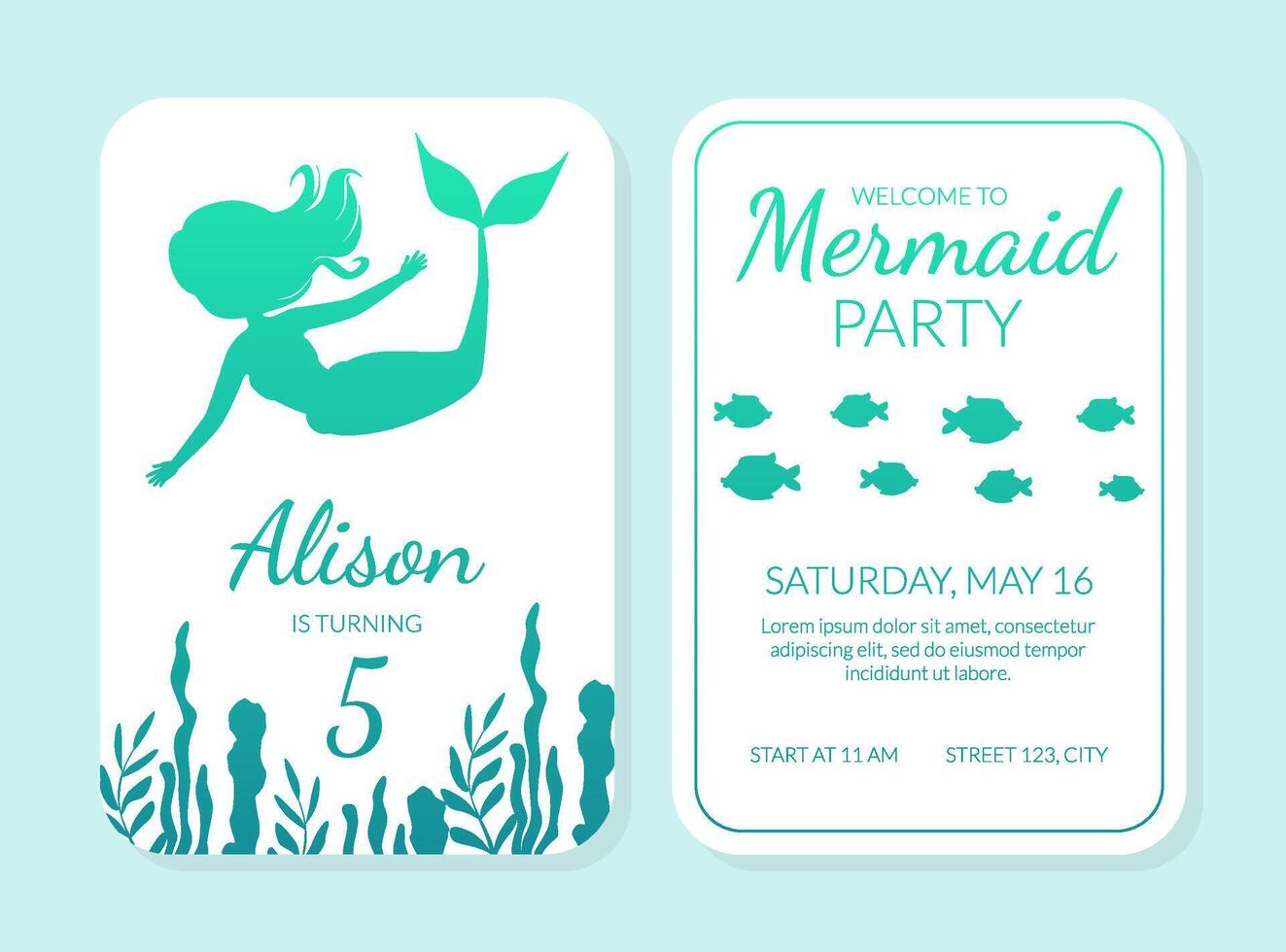 Welcome to Mermaid Party Card Template with Silhouettes of Mermaid and Aquatic Nature Elements, Under the Sea Theme Birthday Invitation, Flyer Illustration vector