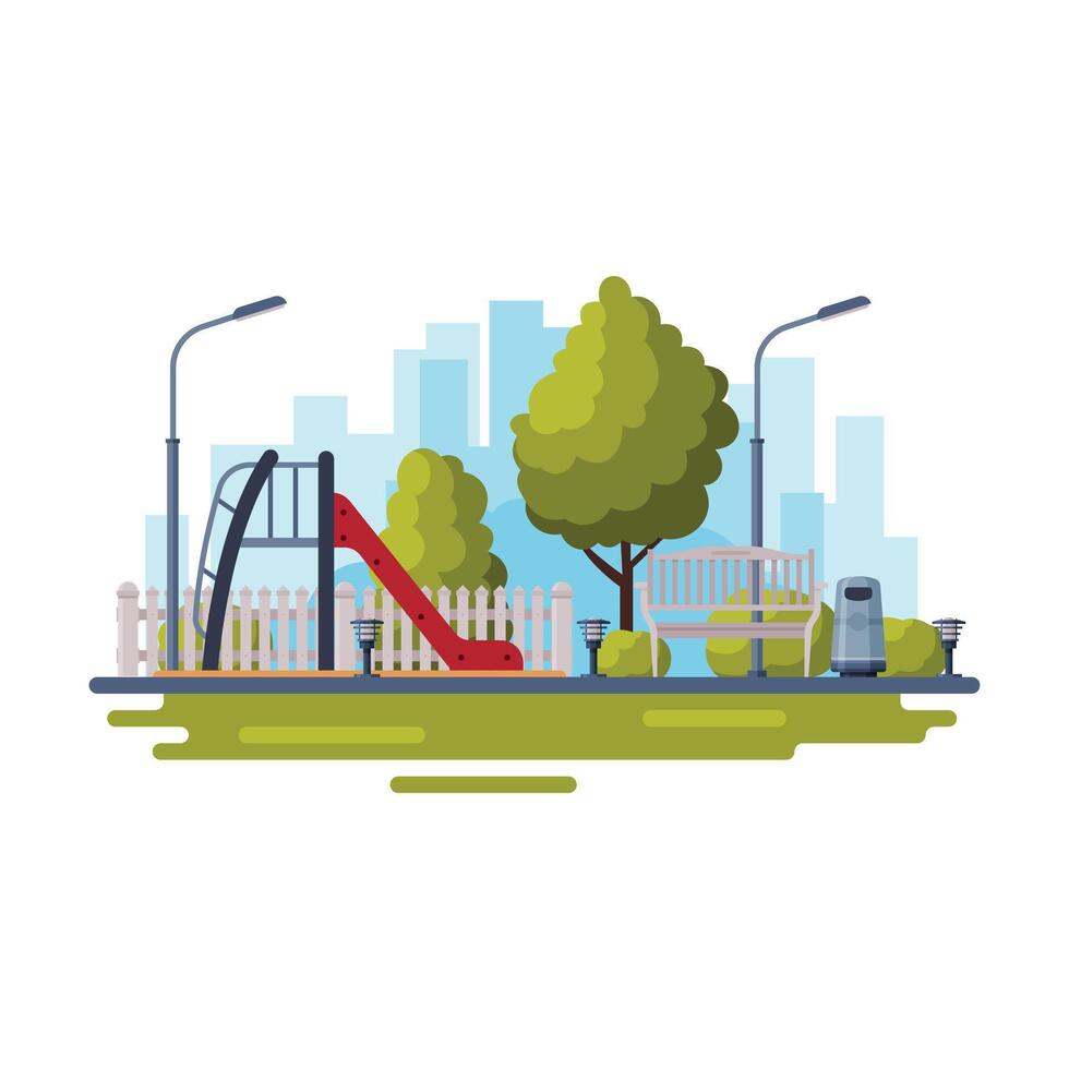 City Public Park with Playground for Kids Flat Style Illustration on White Background vector