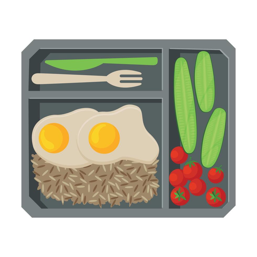 Meal Tray Filled with Fried Egg, Rice and Vegetables, Healthy Food For Kids And Students, View from Above Flat Illustration vector
