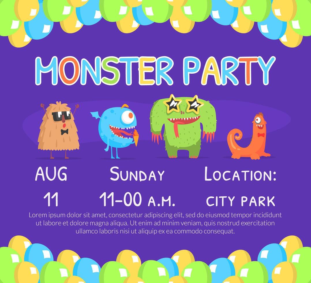 Monster Party Invitation Card Template with Cute Funny Monsters Characters, Birthday Party Banner, Poster Illustration vector