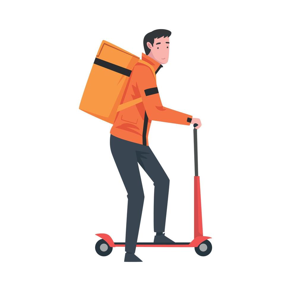 Male Courier Riding Kick Scooter with Parcel Box on his Back, Delivery of Goods and Products, Fast Shipping Cartoon Illustration vector