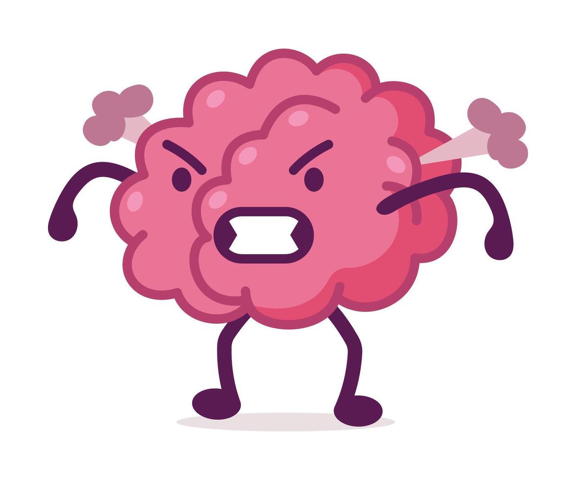 Angry Pink Brain with Steam Blowing from Ears, Funny Human Nervous System Organ Cartoon Character Illustration on White Background vector