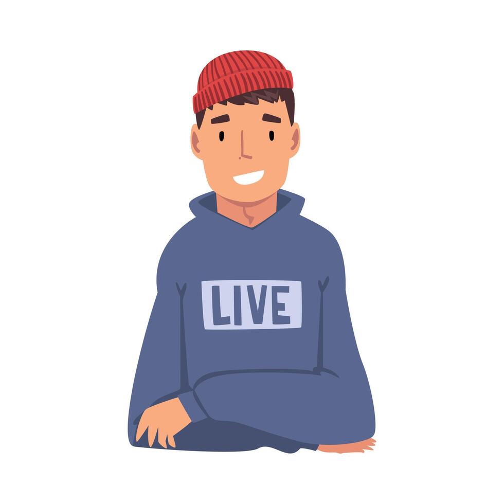 Sitting Smiling Young Man Looking at Us Cartoon Illustration vector