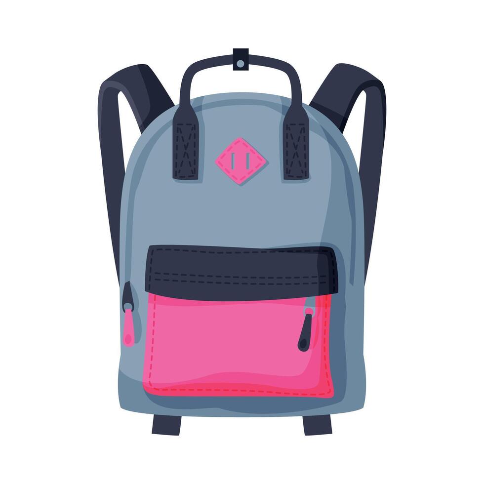 Front View of Gray and Pink Backpack with Front Zippered Pocket for Schoolchildren or Students Flat Style Illustration vector