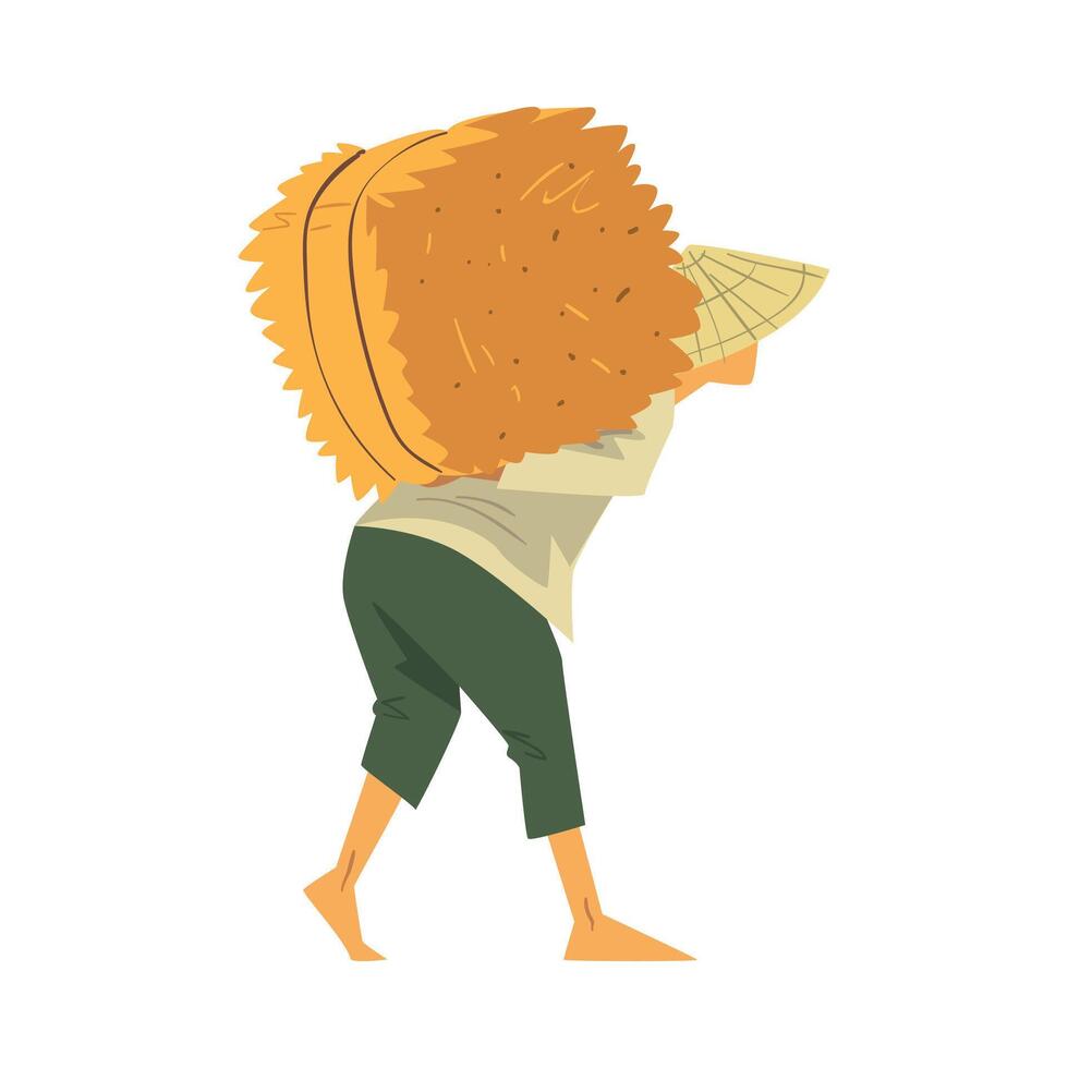 Asian Farmer in Straw Conical Hat Carrying Hay on His Back, Cartoon Style Illustration on White Background vector