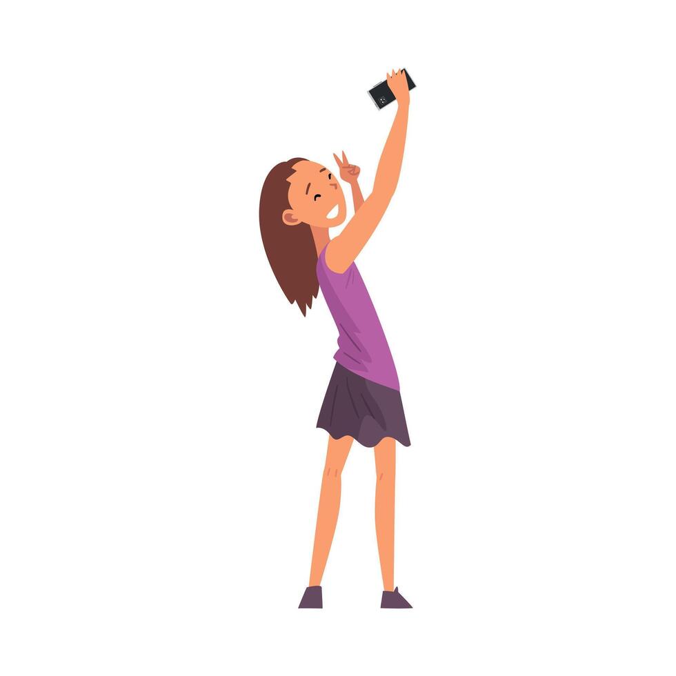 Smiling Girl Taking Selfie Photo, Cute Happy Child Character Photographing Herself with Smartphone Cartoon Illustration vector