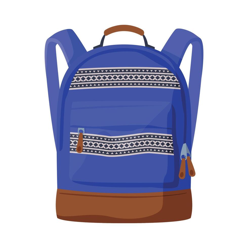 Front View of Blue Backpack with Front Zippered Pocket for Schoolchildren or Students Flat Style Illustration on White Background vector