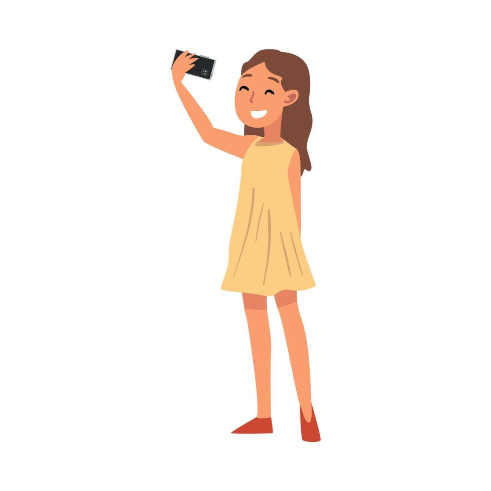 Smiling Girl Wearing Yellow Dress Taking Selfie Photo, Cute Child Character Photographing Herself with Smartphone Cartoon Illustration vector
