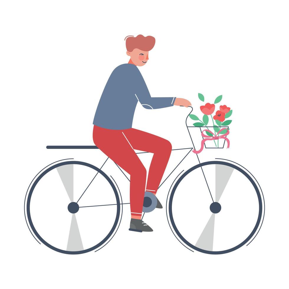 Romantic Man Riding Bike with Bouquet of Flowers in Basket Illustration vector