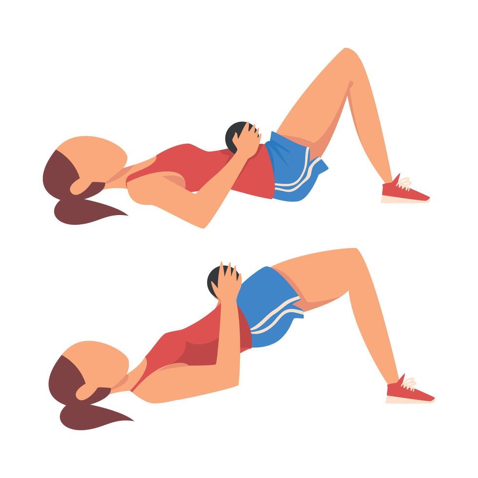 Woman Doing Glute Bridge with Kettlebell in Two Steps, Girl Doing Sports Firming her Body, Buttock Workout Illustration on White Background vector