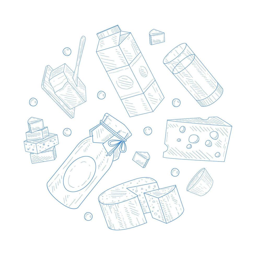 Dairy Products Banner Template, Traditional Organic Dairy Food of Round Shape Hand Drawn Illustration vector