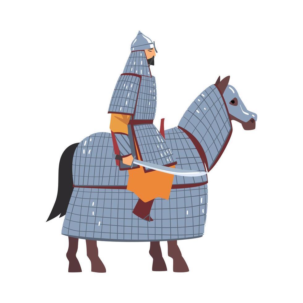 Mongol Nomad Warrior Riding Horse, Central Asian Character in Full Armour with Sword Illustration vector