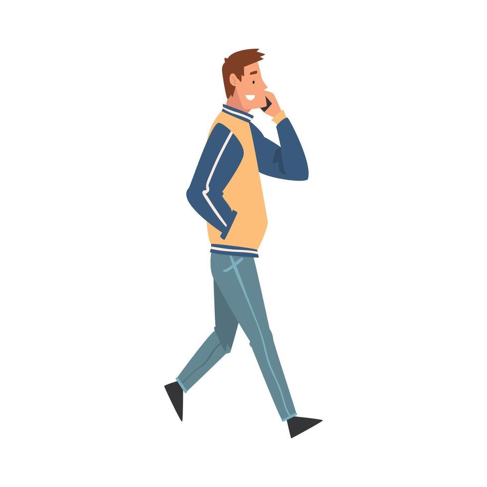 Young Man Talking on Smartphone While Walking, Cheerful Guy Using Digital Gadget Illustration vector