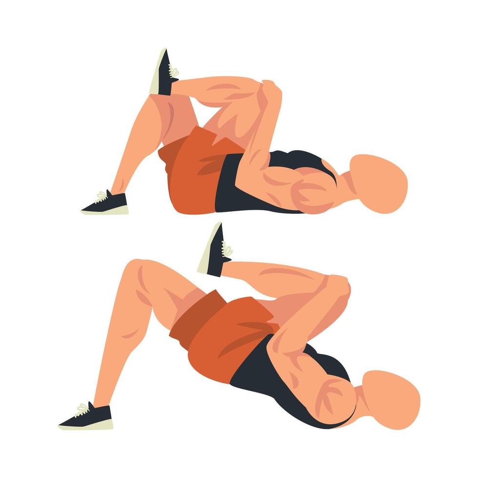 Man Doing Glute Exercise with Hip Raise in Two Steps, Male Athlete Doing Sports for Fit Body, Buttock Workout Illustration on White Background vector
