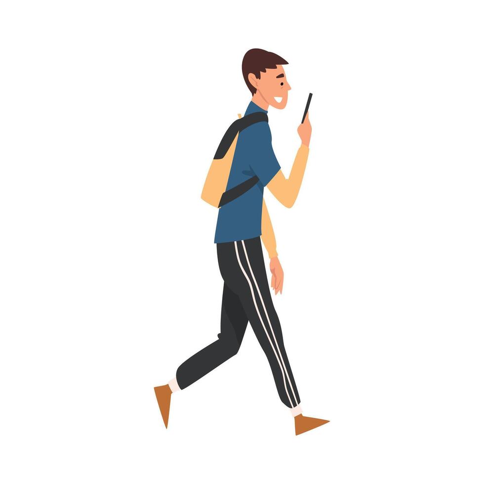 Male Student Walking Outside, Guy with Backpack Looking at His Smartphone, Person Using Digital Gadget for Online Communication Illustration vector