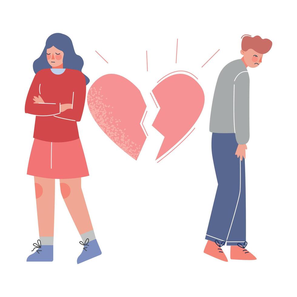 Upset Young Man and Woman Standing with Broken Heart, Breakup, Divorce Illustration vector