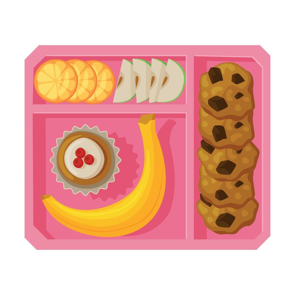 Meal Tray Filled with Banana, Cupcake, Apple and Orange Slices, Healthy Food For Kids And Students, View from Above Flat Illustration vector