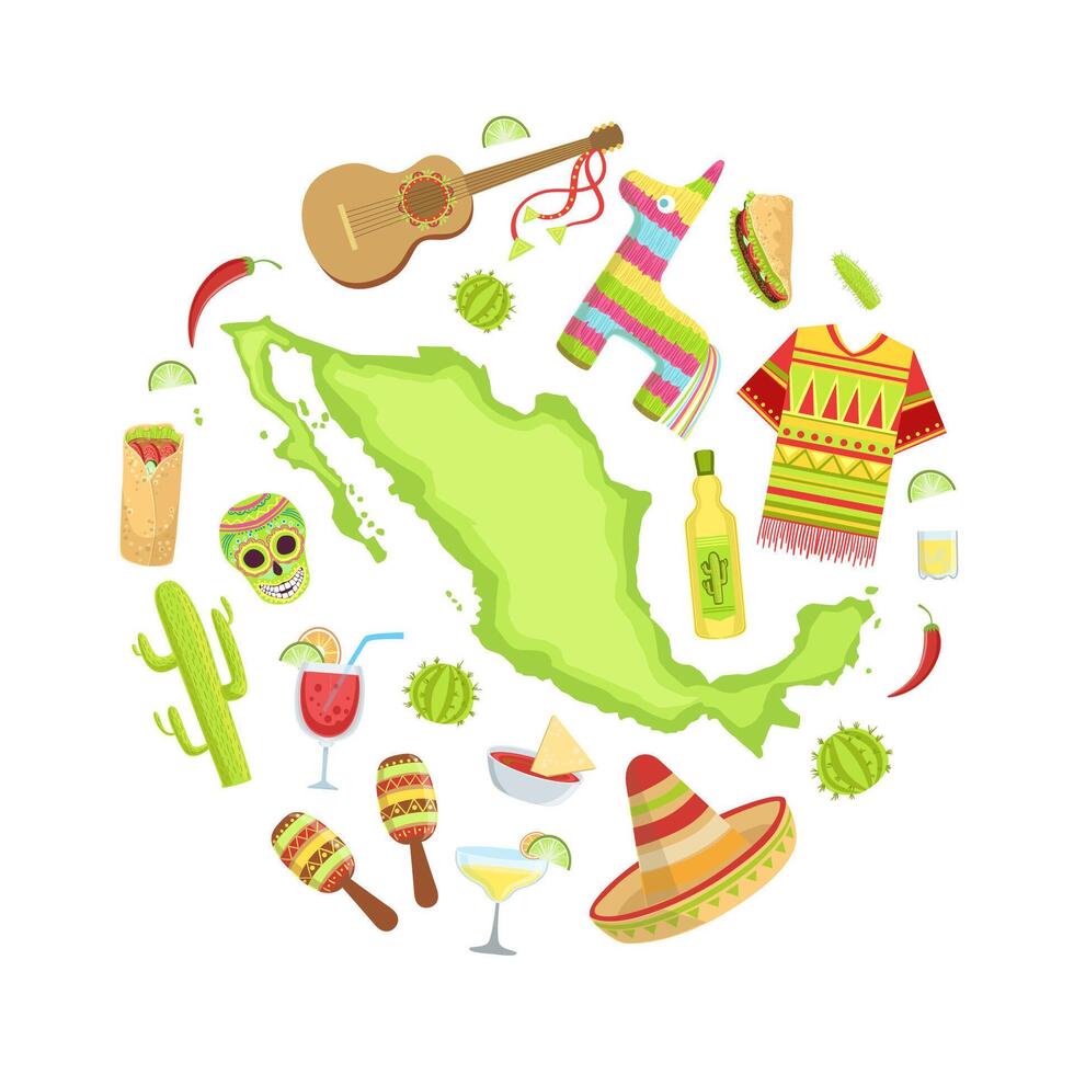 Mexico Travel Sights and Symbols of Round Shape, Summer Vacation Adventures Illustration vector