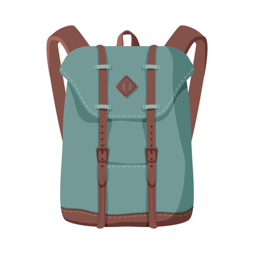 Khaki Backpack, Front View of Travel Bag for Backpacking Flat Style Illustration on White Background vector