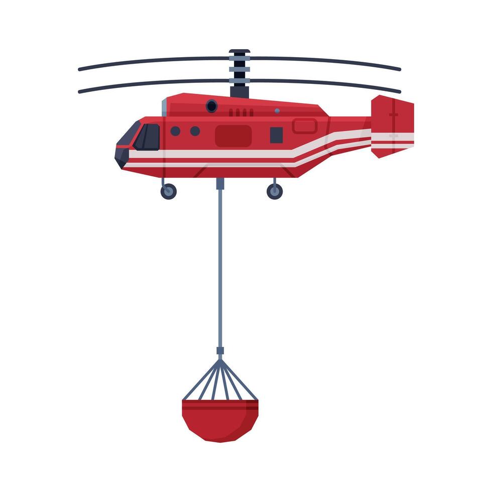 Firefighting Helicopter Carrying Bucket full of Water, Emergency Service Vehicle Flat Style Illustration on White Background vector