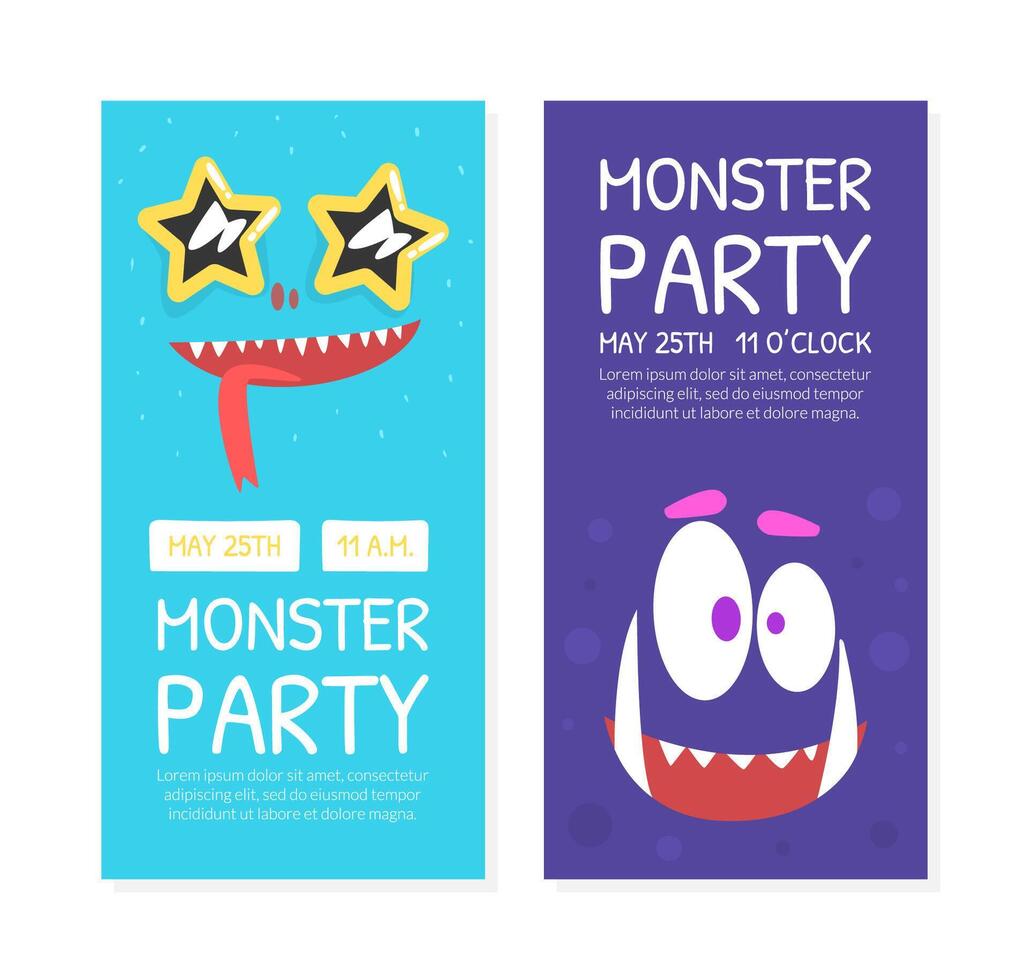Monster Party Invitation Cards Templates Set, Halloween Celebration Banner, Poster with Cute Funny Monsters Illustration vector