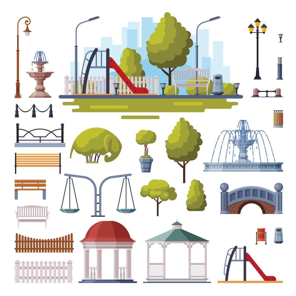 Urban Infrastructure Design Elements Collection, City Park Objects Flat Style Illustration on White Background vector