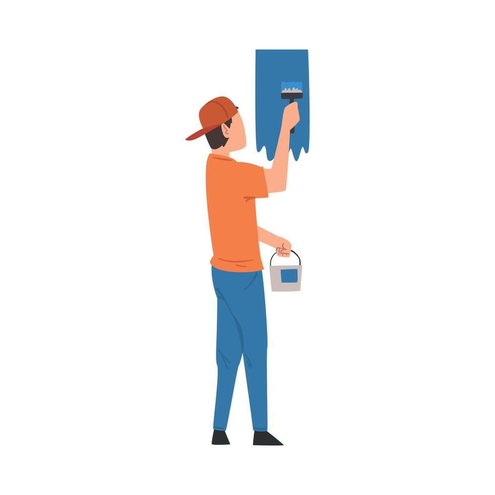 Man with Spatula and Plaster Doing Renovation, Home Renovation, Male Construction Worker Character with Professional Equipment Illustration on White Background vector