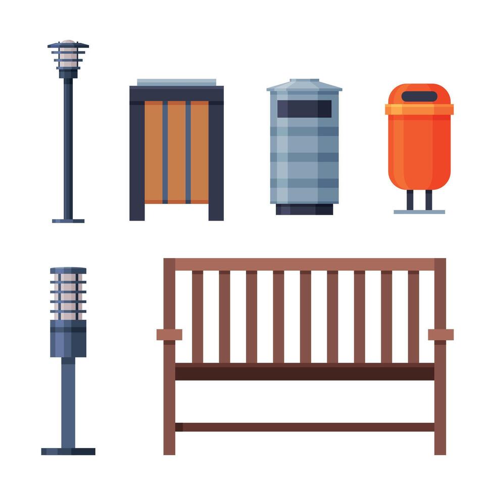 Urban Infrastructure Design Element Set, Lamppost, Trash Bins, Wooden Fence Flat Style Illustration on White Background vector