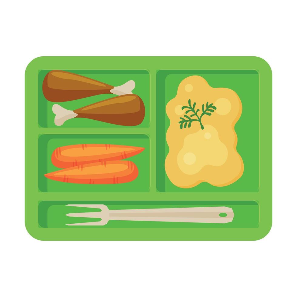 Meal Tray Filled with Mashed Potato, Chicken Drumsticks and Carrots, Healthy Food For Kids And Students, View from Above Flat Illustration vector