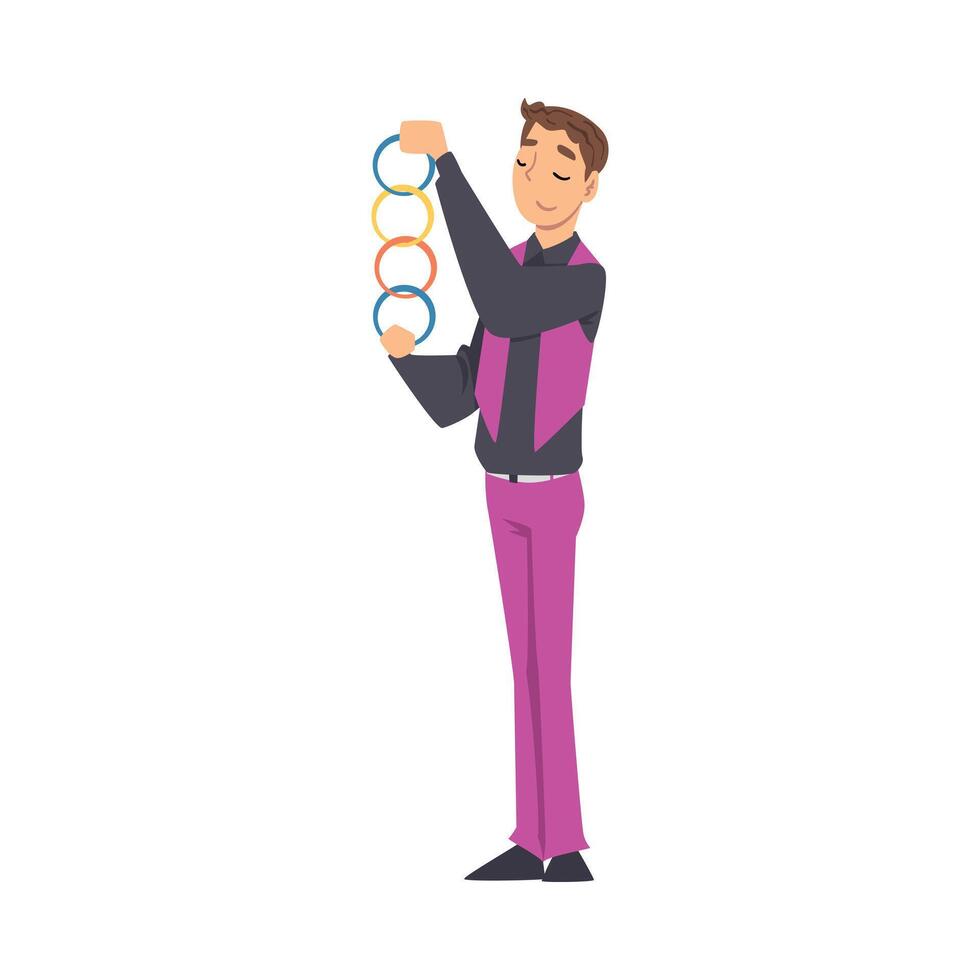 Magician Doing Tricks, Illusionist Character Performing at Magic Show Cartoon Style Illustration on White Background vector